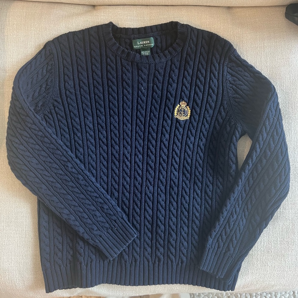 Lauren Ralph Lauren Navy Cable-Knit Crewneck with Gold Crest